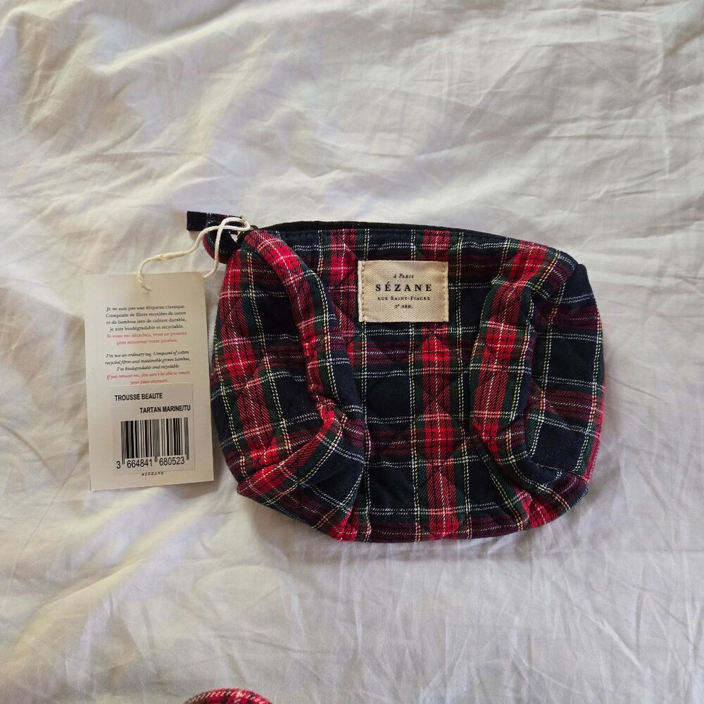 NWT Sezane beauty pouch in quilted cotton tartan print - holiday theme
